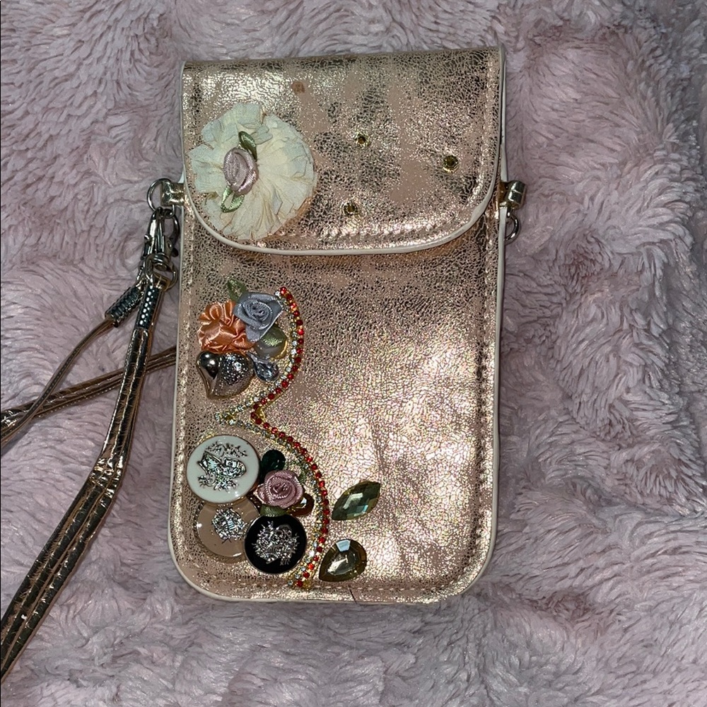 Floral Embellished Metallic Phone Bag